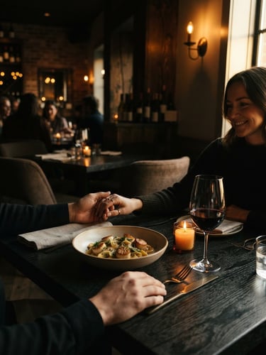 Warm ambient shot of an intimate dining room with low-key dramatic side-lighting, golden-hour tones, elegant dark charcoal tables, and soft shadows.
