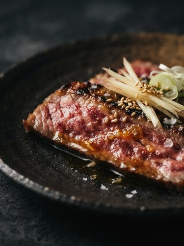 Macro close-up of a perfectly seared wagyu tataki with thin ginger-infused reduction, dramatic side-lighting, dark charcoal background, shallow depth of field, 50mm lens