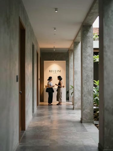 Narrow corridor inside a contemporary Bali venue, two women in conversation at the far end near a softly lit brand installation, architectural sight lines drawing the eye, diffused natural light from a courtyard opening to the right