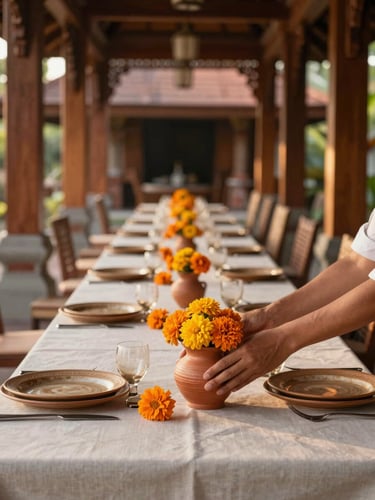 Close view of a long reception table set in an open Balinese pavilion, hands placing a small terracotta vessel of marigolds, warm late-afternoon light filtering through carved wooden columns, linen and ceramic in quiet earthy tones