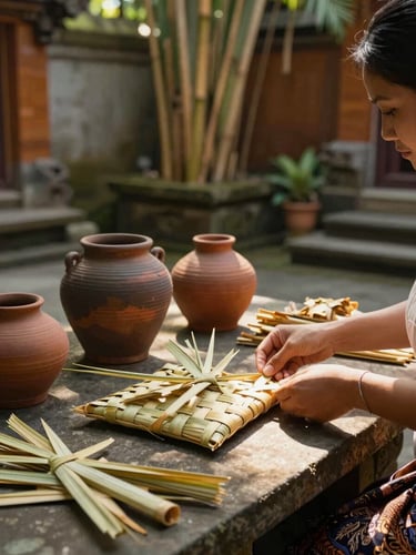 Close environmental shot inside a Balinese compound courtyard, a woman's hands arranging dried palm-leaf weavings and terracotta vessels on a low stone surface, soft diffused morning light filtering through a bamboo canopy, warm shadow and golden highlights on textured surfaces