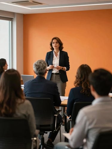 Professional workshop facilitator presenting to an engaged corporate group in Querétaro, warm ambient light, modern training room, shallow depth of field.