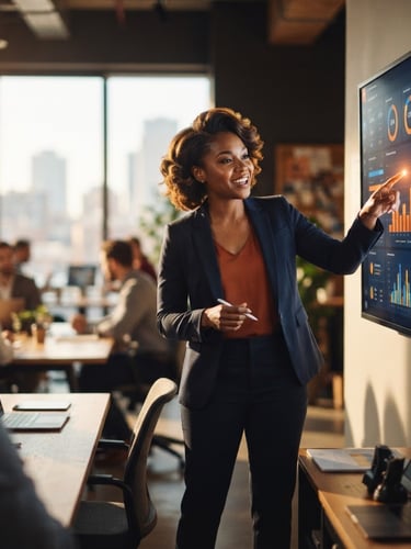 warm corporate editorial photography, natural office window light, deep shadows with vibrant orange accents, shallow depth of field. A dynamic workshop facilitator pointing at an interactive digital dashboard with performance analytics.
