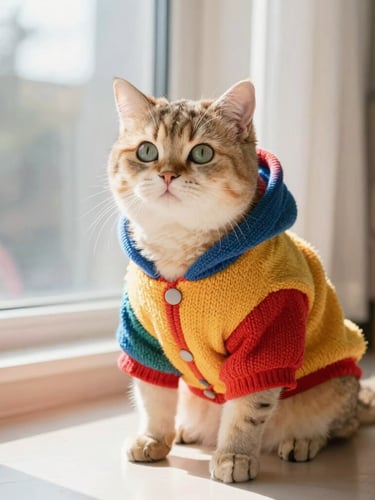 A cozy fluffy cat wearing a colorful knitted warm hoodie, sitting in a sunny living room near a window, bright high-key pet photography, warm natural sunlight, vibrant saturated colors, shallow depth of field, 35mm