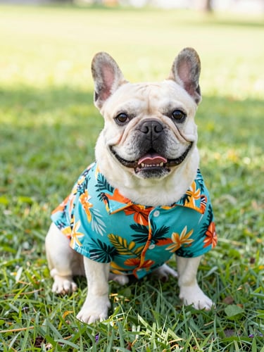 A happy small French Bulldog wearing a colorful tropical print shirt, sitting on a sunny park lawn, bright high-key pet photography, 35mm
