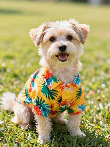 A happy small dog wearing a vibrant tropical-themed summer shirt, sitting on a sunny lawn, bright high-key pet photography, warm natural sunlight, vibrant saturated colors, shallow depth of field, 35mm