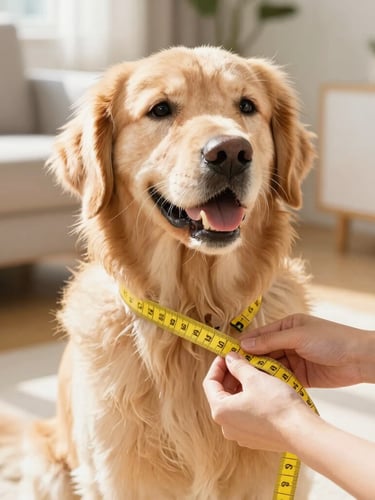 Bright high-key pet photography of a person gently measuring a happy golden retriever with a soft yellow measuring tape in a sunny living room, close-up on hands and fabric, warm natural sunlight, 35mm