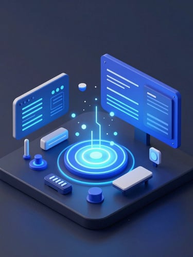 Sleek isometric 3D render of data flows and digital interfaces, cool studio lighting with electric blue neon highlights
