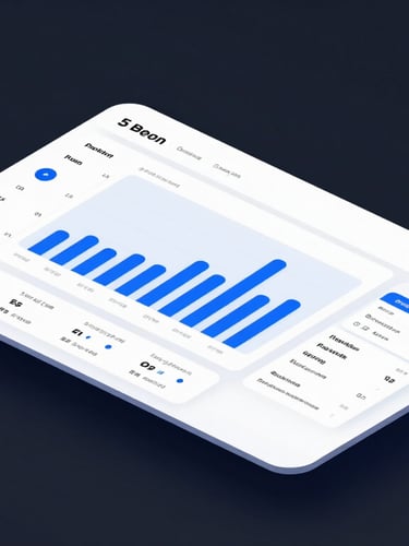 High-fidelity UI mockup of a clean analytics dashboard with electric blue data graphs, dark slate background, cool studio lighting
