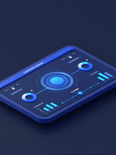 Sleek 3D render of a digital dashboard interface, clean isometric perspective, showing conversion metrics and data flows, electric blue and dark slate tones, cool studio lighting