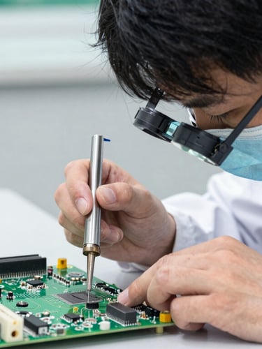 A professional technician in a clean uniform carefully soldering a green circuit board under a magnifying glass, bright clear daylight, highly detailed technical work.