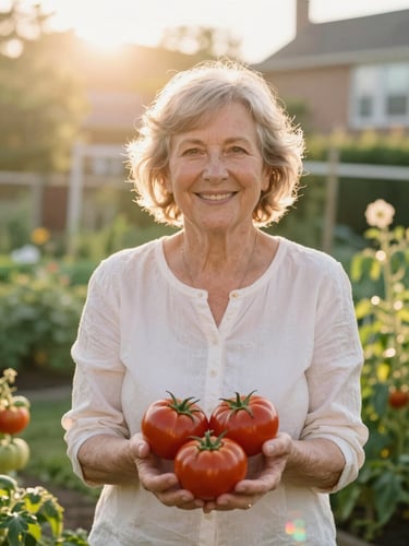 Bright golden-hour portrait of a smiling older woman in a lush Chicago community garden holding fresh tomatoes, warm sun flare, shallow depth of field