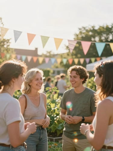 Bright editorial photography of a sun-drenched Chicago community garden during a summer festival, colorful bunting overhead, smiling neighbors laughing together, warm golden-hour light with soft prismatic lens flares.