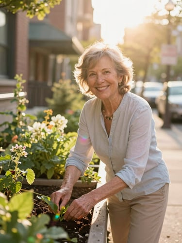 Bright golden-hour portrait of a smiling older woman tending to a lush sidewalk garden in Chicago, warm sunbeams, iridescent lens flare, shallow depth of field
