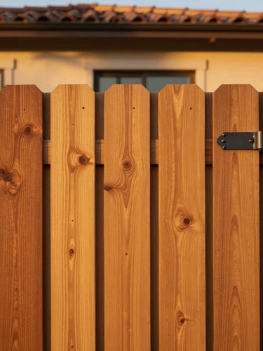 Low-angle architectural shot of a finished custom redwood fence framing a Temecula-style home, warm golden-hour California sunlight, rich golden-brown wood tones, charcoal hardware accents, 35mm