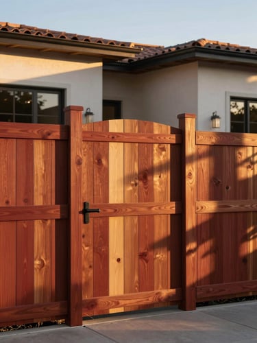 Low-angle architectural shot of a finished custom redwood fence framing a modern Temecula estate, warm golden-hour California sunlight casting long clean shadows