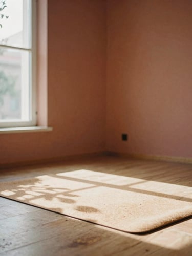 A minimalist, sunlit movement studio in Istanbul with warm terracotta walls, a single cork yoga mat on the wooden floor, soft morning light streaming through a large window, shadows of leaves, 35mm film texture.