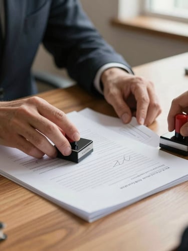 Close-up of hands carefully organizing official documents with dry stamps and signatures on a warm wooden desk, soft natural daylight coming from a side window