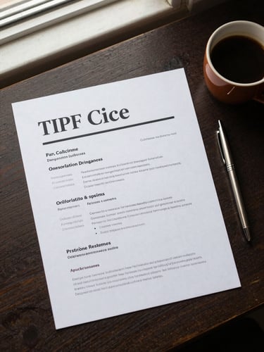Top-down view of a neatly organized desk with a printed CV in elegant typography, a pen, and a warm cup of coffee under natural window light.