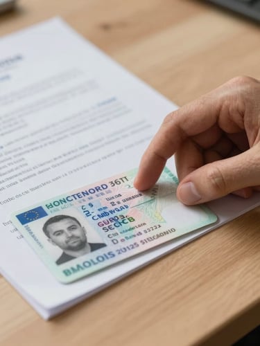 Close-up of a hand placing a European driving license next to official papers on a clean wooden desk, soft morning light.
