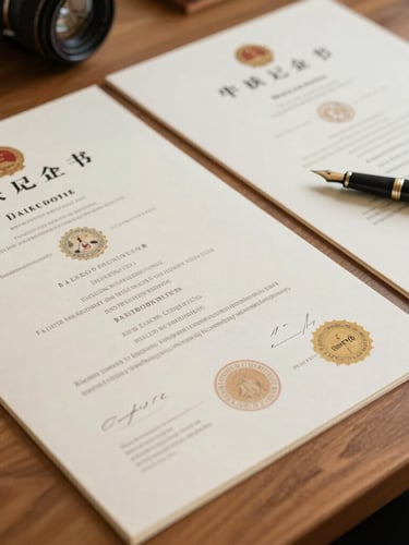 Close-up of neatly organized original academic diplomas, official stamps on heavy paper, and a fountain pen on a warm wooden desk under soft natural daylight.
