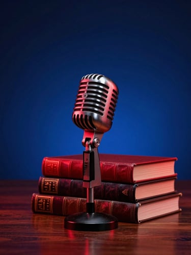 Dramatic spotlight on a vintage microphone and a stack of leather-bound books on a dark wooden stage, high-contrast studio photography, bold red and deep blue tones, sharp focus, 35mm
