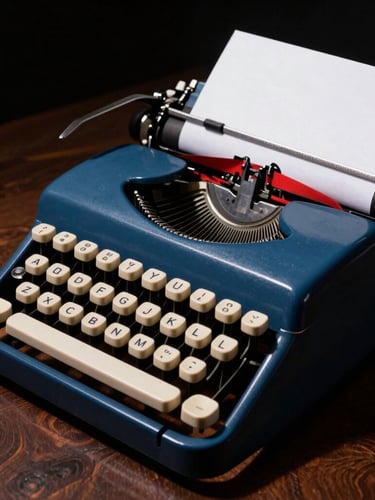 Close-up of a vintage typewriter with a freshly typed page, dramatic side lighting casting long shadows across a dark wooden desk, high-contrast studio photography, 35mm