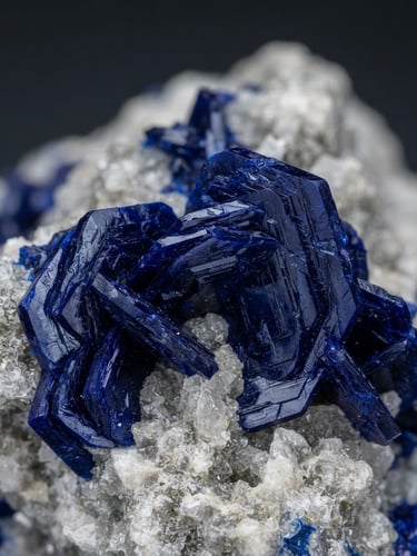 Macro shot of a deep-blue azurite specimen from the Touissit mine, displaying an uncommon tabular habit, preserved perfectly in its dolomite matrix, diffused high-CRI studio lighting, deep charcoal background, sharp focus on crystal faces.