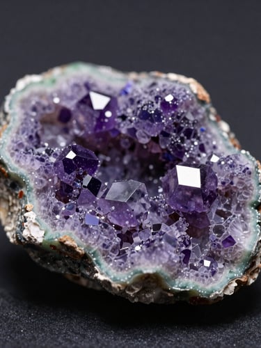 Macro fotografia di un cristallo di fluorite zonata con bande di colore viola e verde, su matrice scura, illuminazione diffusa, focus nitido, 105mm lens.