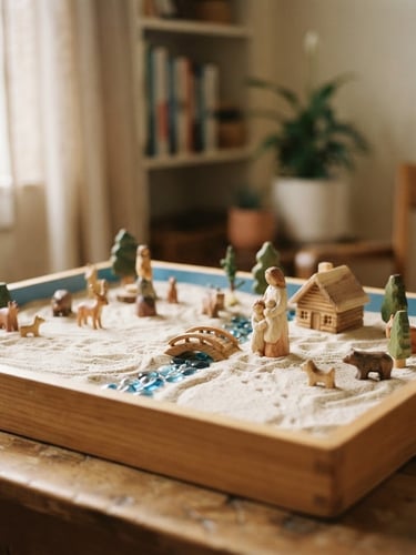 Warm editorial photography of a beautifully arranged sandtray with small wooden figures, soft diffused window light, beige and cream tones, shallow depth of field, 35mm