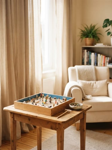 A warm, sunlit consulting room with soft beige linen curtains, a comfortable armchair, and a neatly arranged sandtray on a wooden table, high-key warm tones, shallow depth of field, 35mm