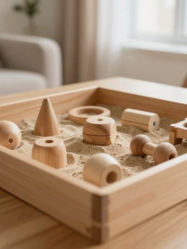 Close-up of therapeutic wooden toys and a sandtray arranged neatly on a light wood table in a warm consulting room, soft daylight, beige tones, warm editorial photography, 35mm