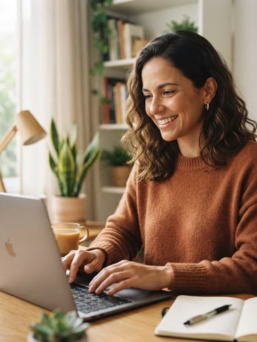 Close-up of a Brazilian woman in her late 30s, warm smile, working on a laptop in a bright, modern home office, natural daylight, soft green and neutral tones, 35mm