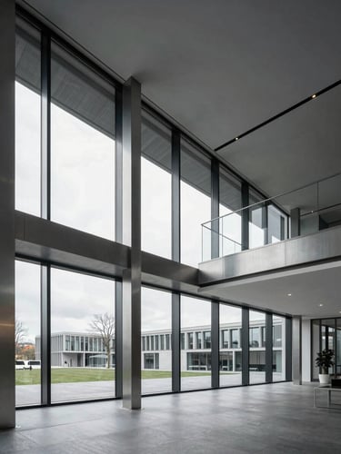 Wide architectural view of a modern minimalist corporate office interior in Munich, cool overcast daylight through large glass windows, clean lines, brushed steel details.