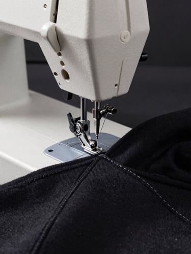 Macro close-up of a heavy-duty double-needle sewing machine stitching a black technical hoodie seam under crisp industrial studio lighting.