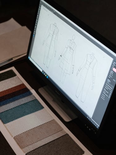 High-contrast technical overhead shot of digital garment pattern drafting on a large monitor, surrounded by fabric swatches under cool studio light.
