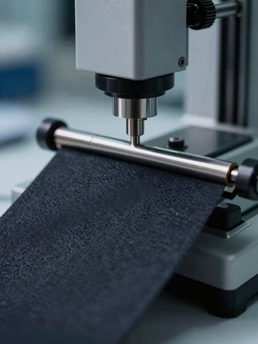 Macro close-up of a digital tensile strength tester pulling a dark technical fabric sample under cool laboratory light.
