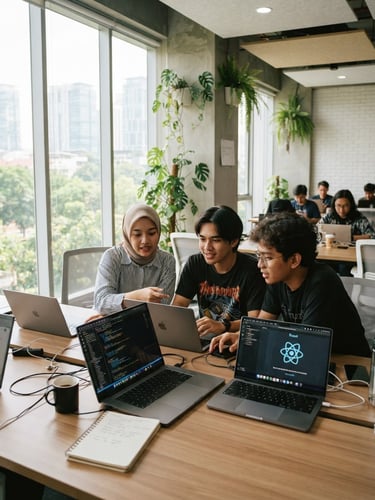 Indonesian youth collaborating in a bright modern tech lab, focused on coding screens, natural morning light, 35mm lens
