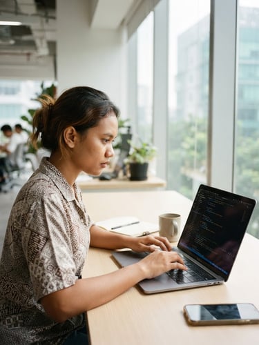 A focused young Indonesian student typing code on a laptop, bright morning light filtering through a window, clean modern tech space, 35mm lens