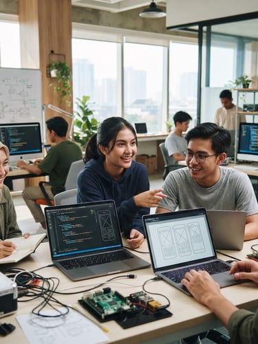 Medium shot of active Indonesian youth collaborating in a modern tech lab, bright natural morning light, screens displaying code and digital designs, authentic atmosphere, 35mm lens.