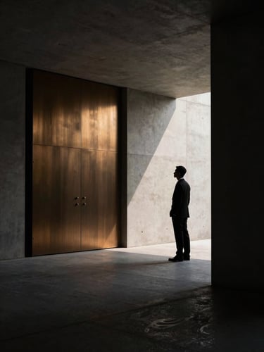 A low-profile executive silhouette standing in a monolithic concrete hallway, high-contrast dramatic shadows, soft golden-hour light catching brushed bronze details, minimalist composition, Hasselblad 50mm