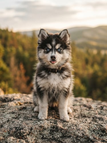 Eye-level portrait of a fluffy Pomsky puppy sitting on a granite ledge in the Alberta foothills, soft overcast natural light, shallow depth of field, 35mm.