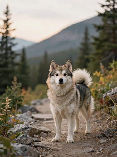 A healthy adult Pomsky standing proudly on a rocky mountain trail in Alberta, soft overcast natural light, shallow depth of field, 35mm