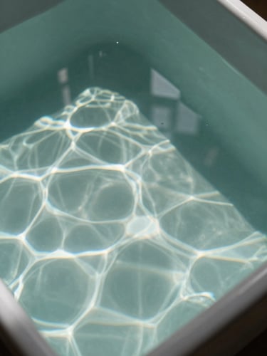 Overhead study of crystal-clear water surface in a closed aquaponic tank, geometric light refraction patterns, still and controlled environment, soft north-facing daylight, no fish visible, architectural framing