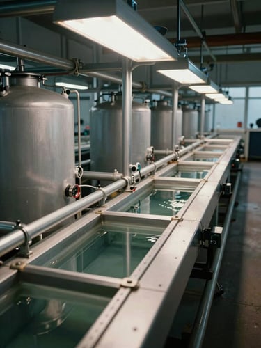 Vertical cross-section view of a closed-loop aquaponic facility, overhead industrial lighting casting precise shadows on steel pipes and water channels, tanks in sequence, no staff present, stark and technical