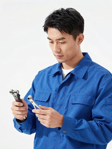 Medium shot of a professional technician in a clean blue uniform holding specialized tools, bright daylight, high-key white background, sharp focus, 35mm