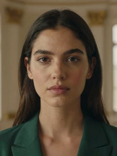 Close-up of Vany Cardona with a serene and firm expression, warm natural lighting, classic architectural background with soft focus, neutral tones, 35mm