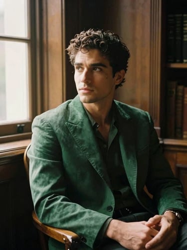 Vany Cardona looking thoughtful yet confident, sitting in a classic wood-paneled library, warm side window light casting deep shadows, old money aesthetic, 35mm