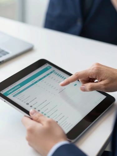 Close-up of hands interacting with a digital tablet showing logistics data, bright natural daylight, professional navy accents, sharp focus