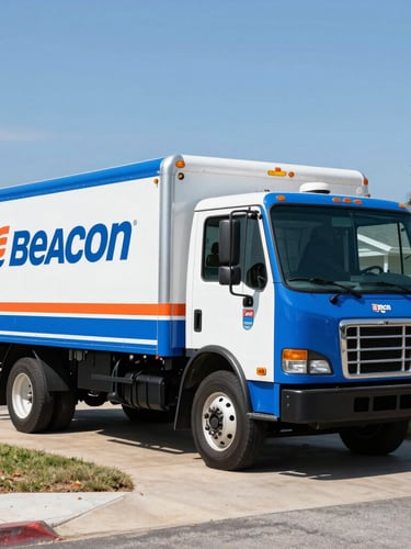 A clean blue-and-white Beacon Propane delivery truck parked on a residential driveway in clear daylight, 35mm photography